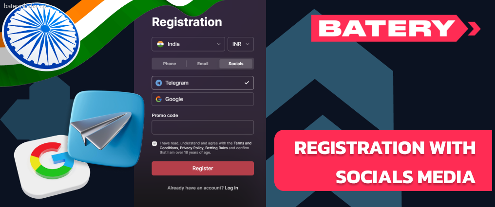 Batery Bet betting registration can be done by linking your social media account